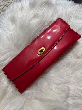 Vintage Patent Leather Red Envelope Clutch with Gold Turn-Lock